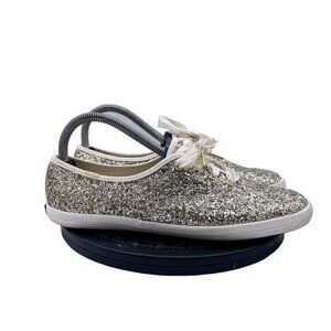 Kate Spade X Keds Glitter Sneakers Womens 8.5 Gold Low Ribbon Lace Casual
